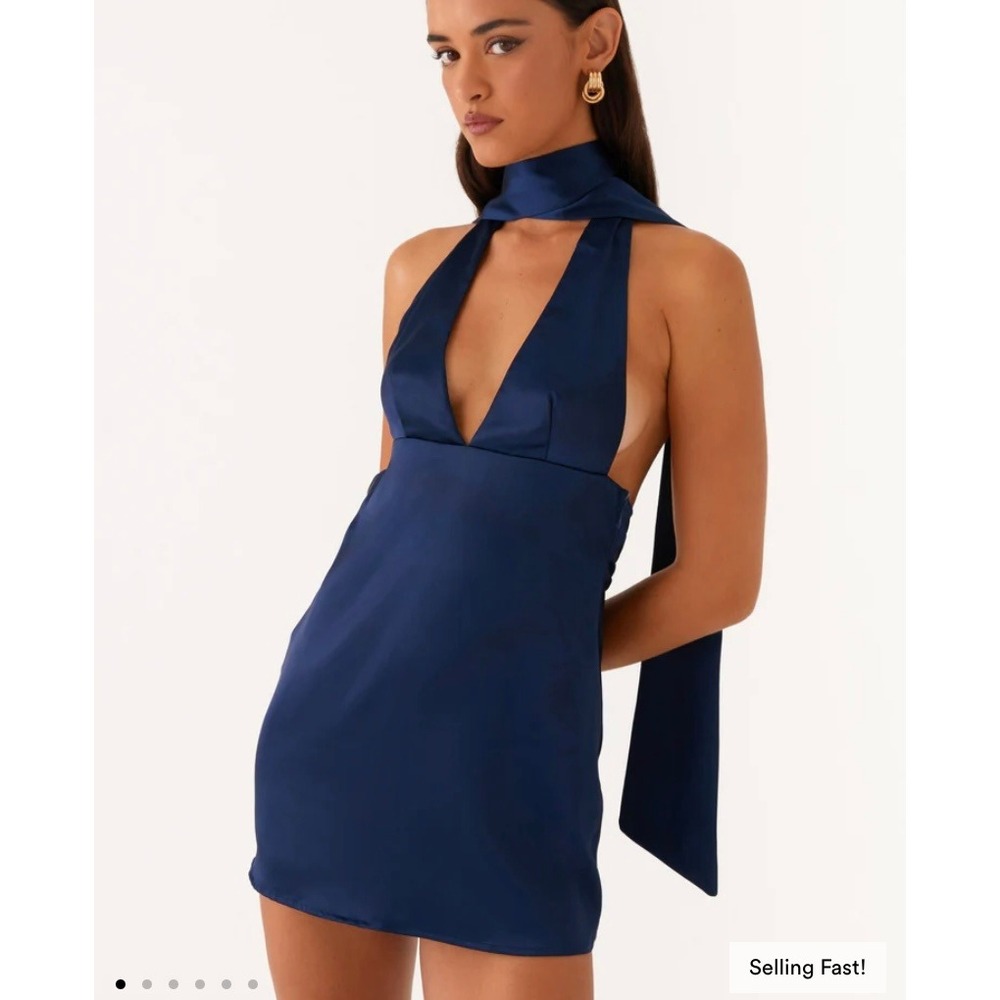 Peppermayo Alicia Satin Halter Mini Dress Navy Blue Womens US 16 NWT